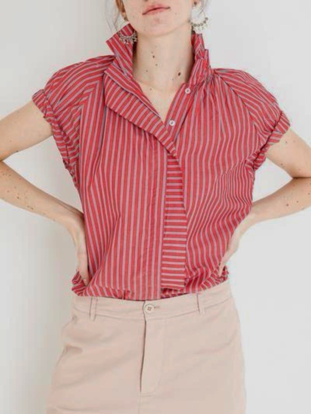 A Shirt Thing Stella Red Stripe Ruffle Cotton Blouse Button Front Top S